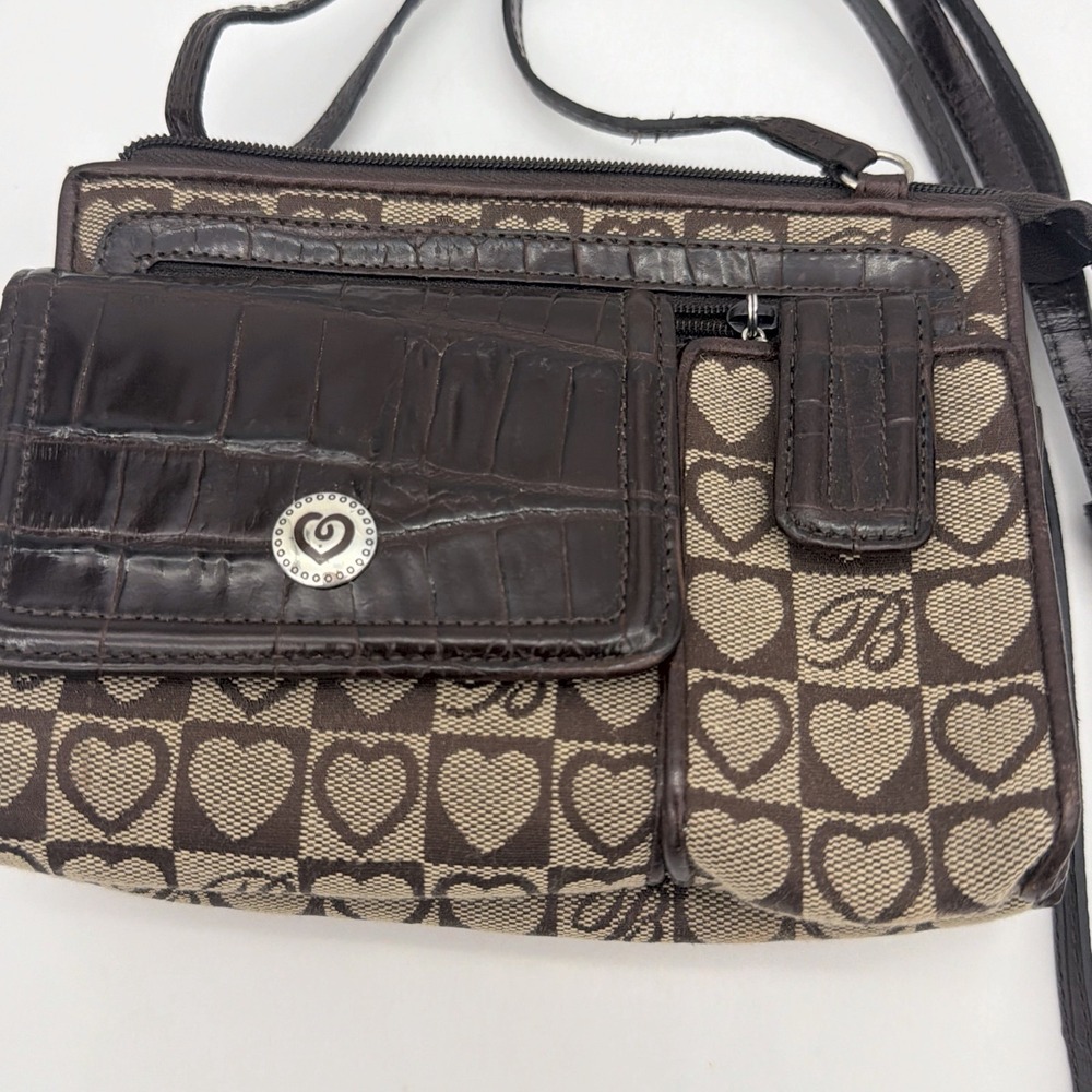 Brighton Canvas Brown Crock Leather Heart Pattern Organizer Crossbody Bag mint